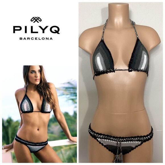 New. PILYQ Black and gray crochet bikini set XS-top/M- bottom - Picture 1 of 15